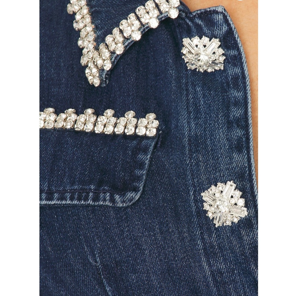 Self-Portrait Rhinestone Trim Denim Mini Dress Dark Wash Crystal Button US 12 - Picture 4 of 12
